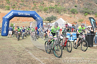 Old and young riders at start of marathon Mountain Bike Race Editorial Stock Photo